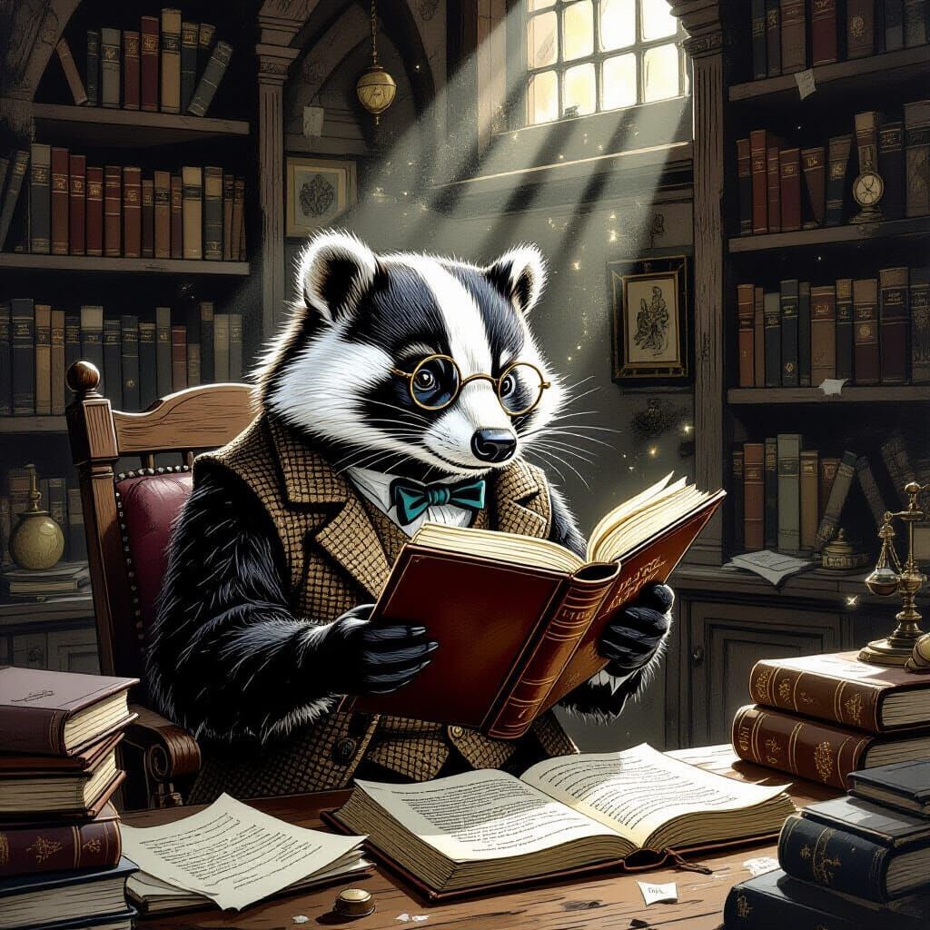 Badger Scholar in Tweed Waistcoat Reads Ancient Tome