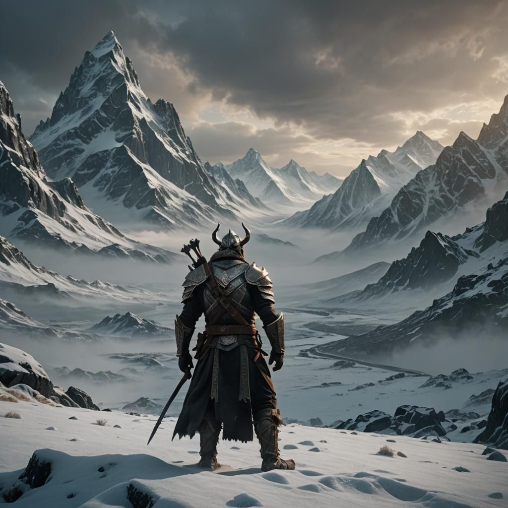 Victorious Dovahkiin in Frozen Wilderness, Cinematic Still