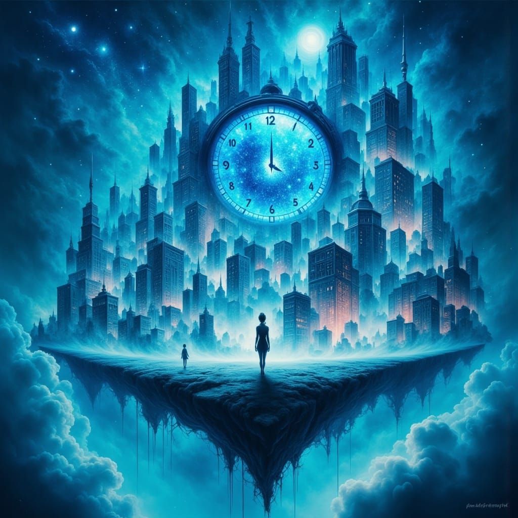 Surreal Blue World With Woman and Melting Cityscape