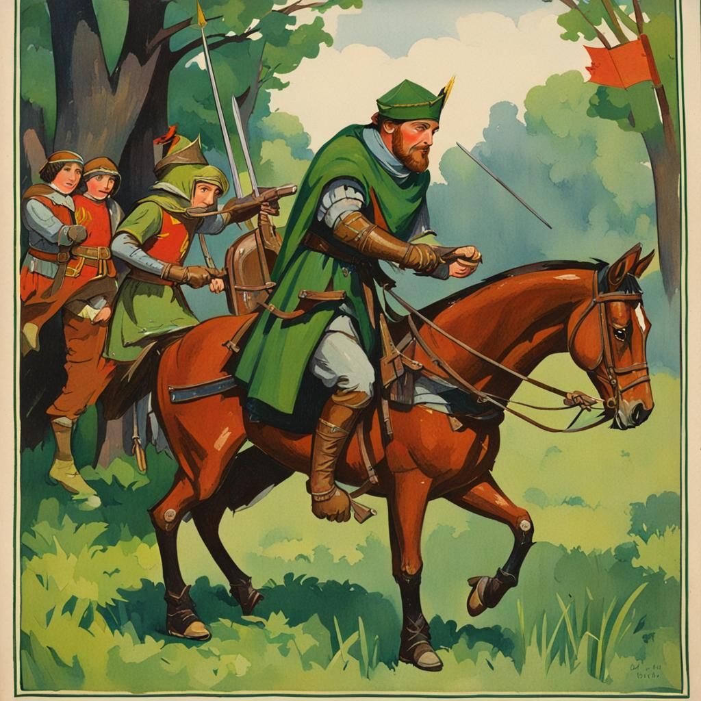 Robin Hood and Sheriff: 1920s Gouache Illustration