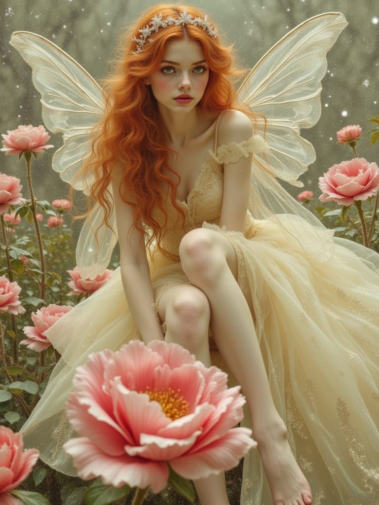 Surreal Fairy Goddess in Frosty Rose Garden