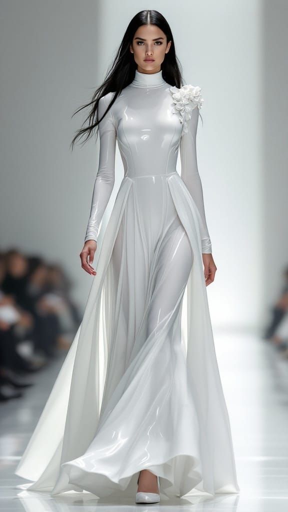 Model in All-White Evening Gown with Pleated Skirt and High-...