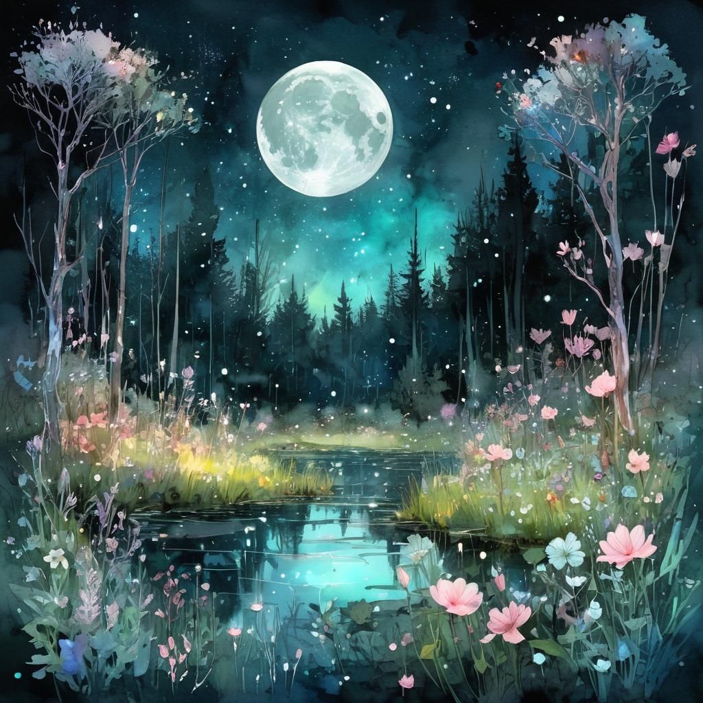 Moonlit Meadow: A Surreal Watercolor Fantasy