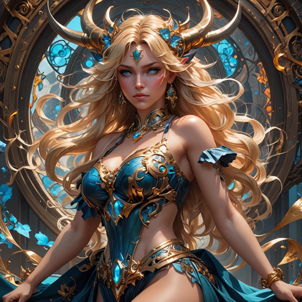 Blonde Demon on Throne: Hyperdetailed Digital Art