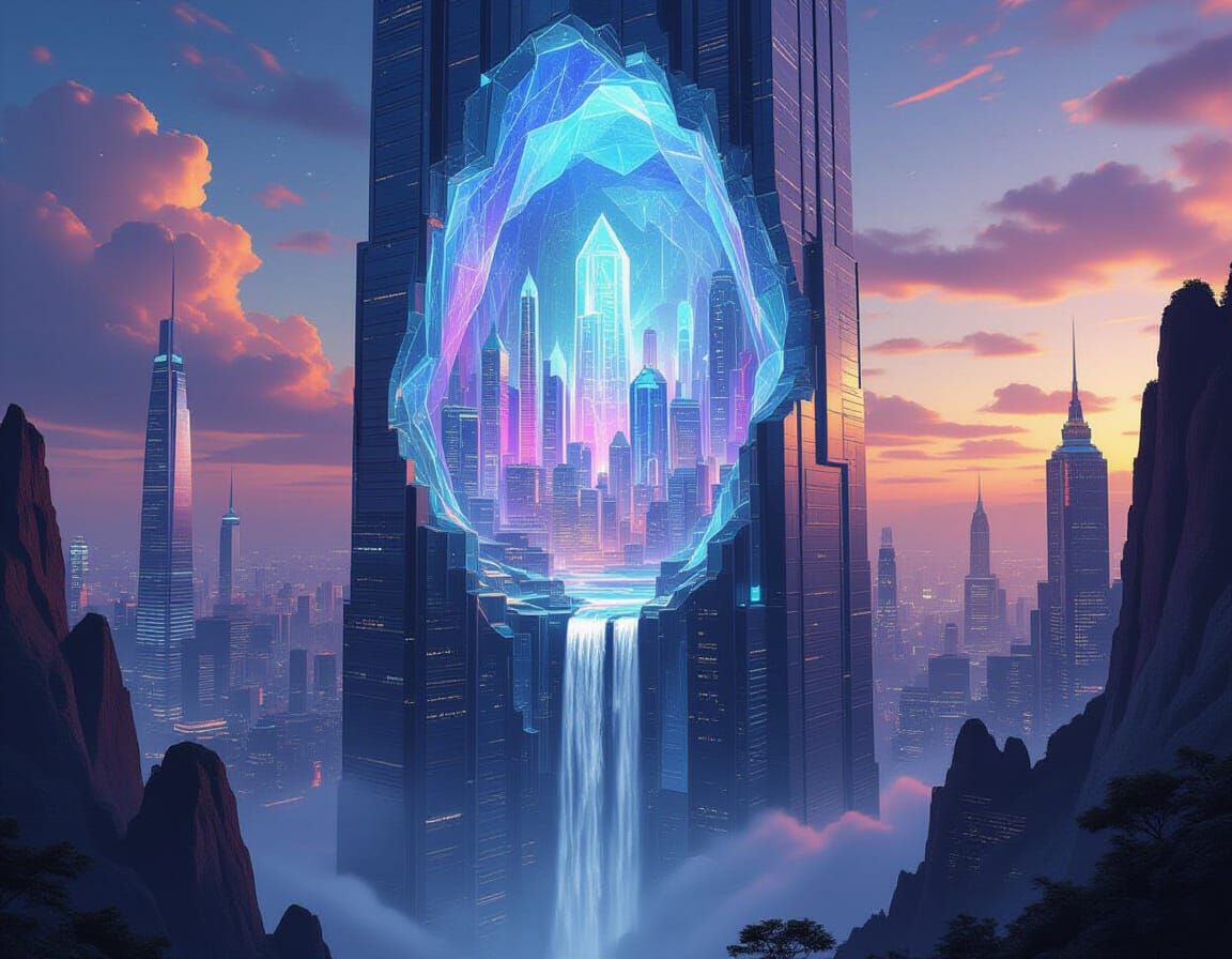 Futuristic Cityscape Inside Crystal Geode with Waterfall