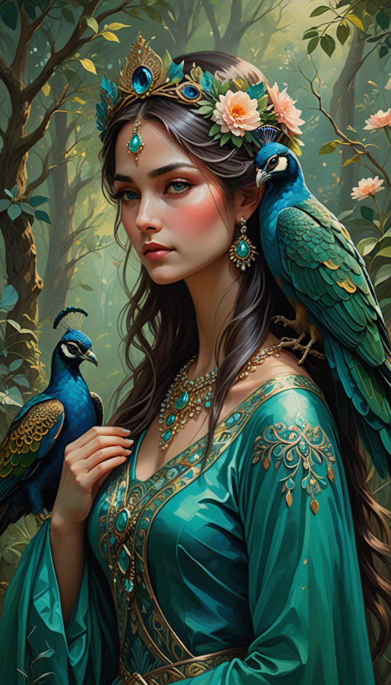 Regal Woman with Peacock Headdress in Lush Tropical Setting