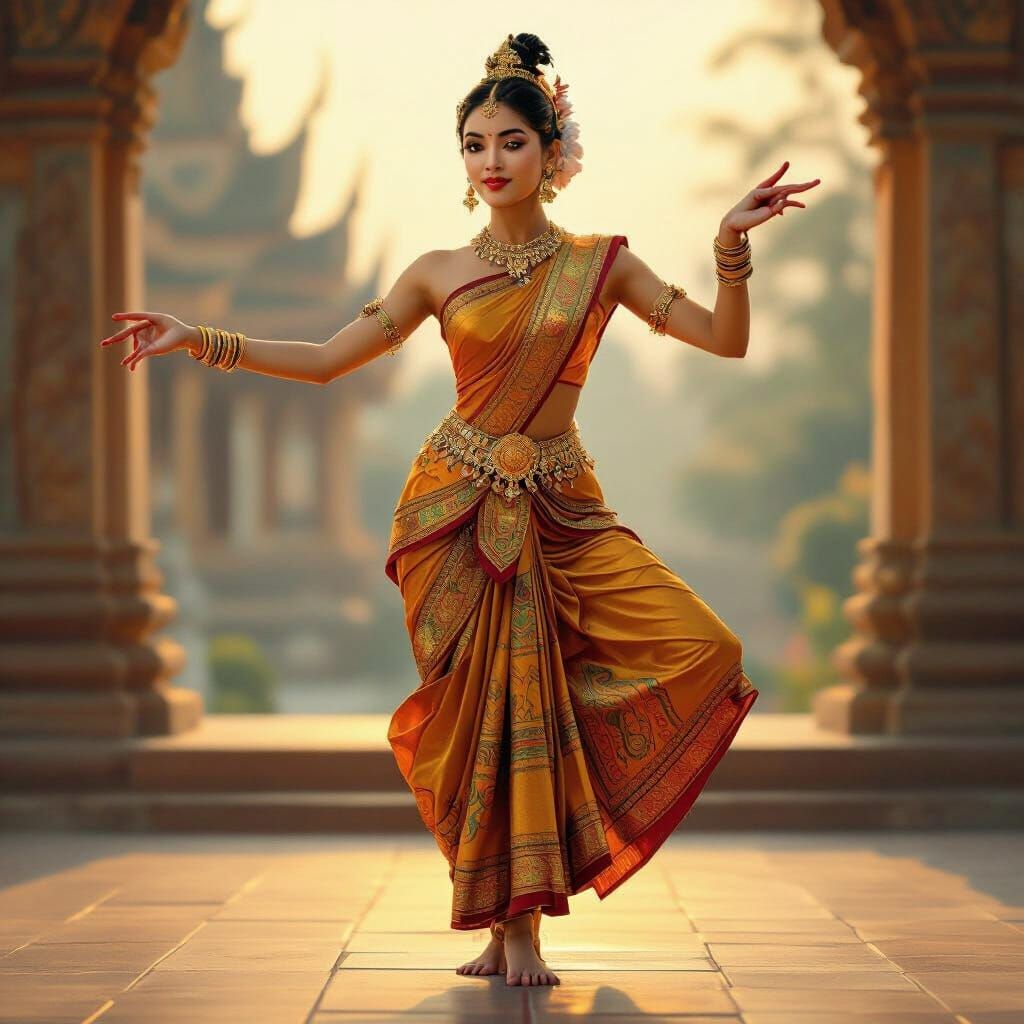 Khmer Apsara Dancer in Traditional Costume Oil Painting