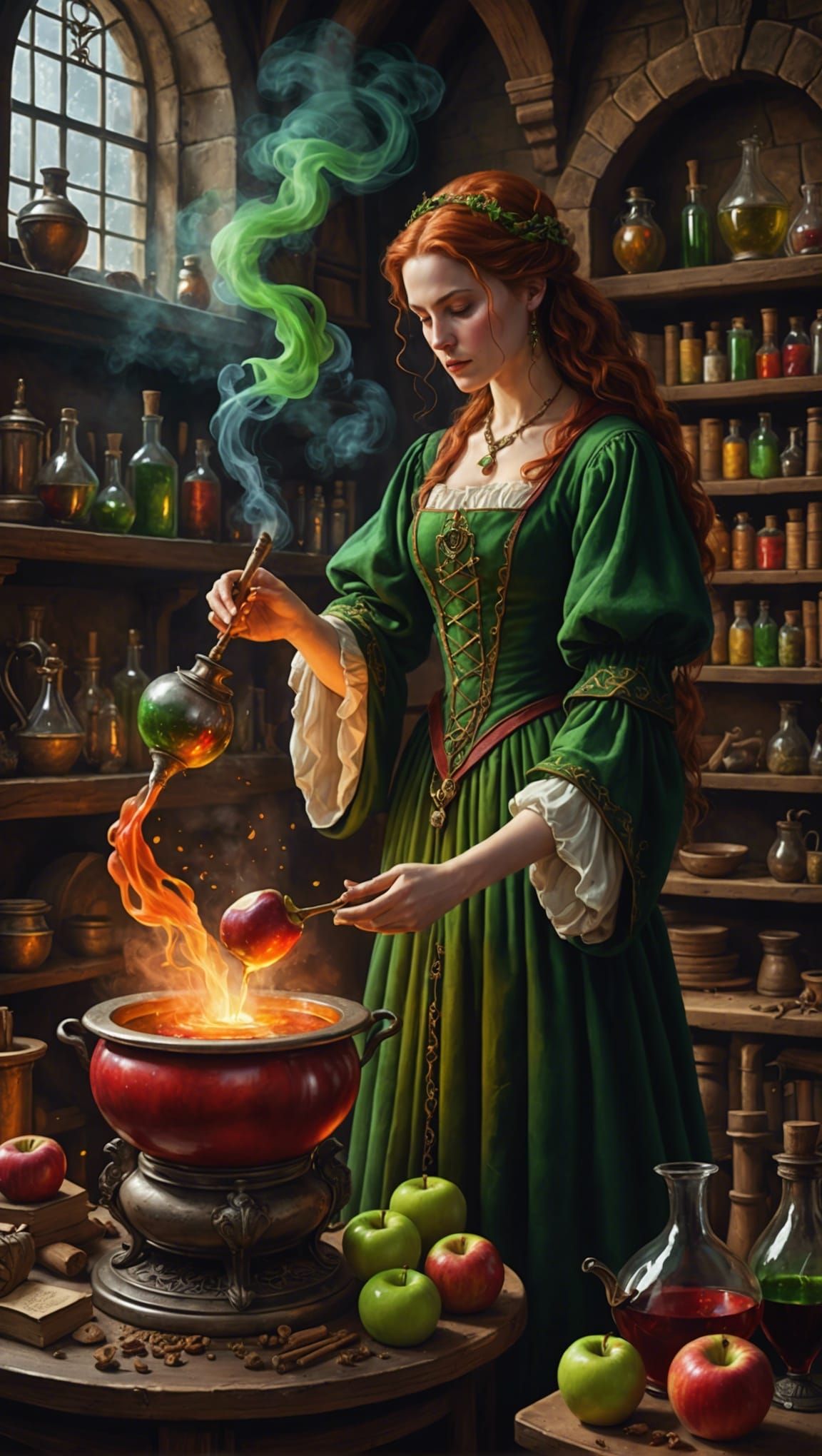 Sorceress Alchemist Changing Apple Color in Fairytale Illust...