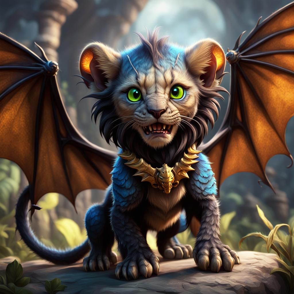 Cute Manticore Lion Cub with Bat Wings and Scorpion-Tail