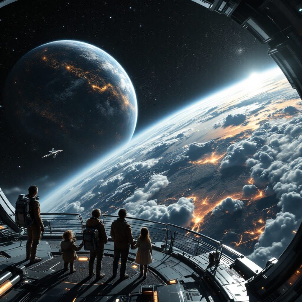 Family Observes New Home Planet from Spaceship Observation D...