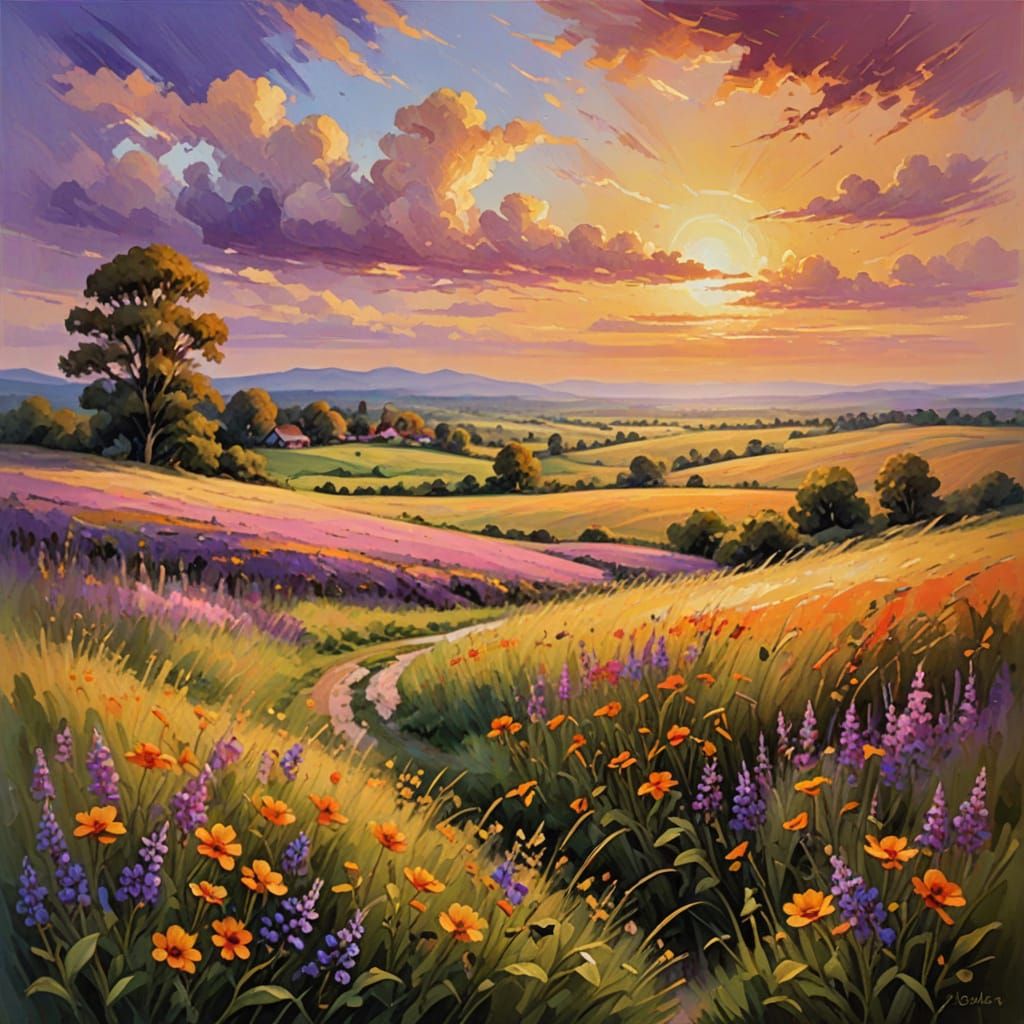 Golden Sunset Over Countryside in Impressionist Oil Painting