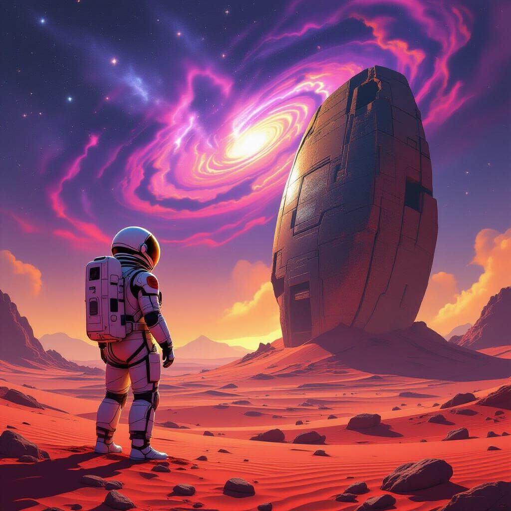 Astronaut on Alien Planet with Ancient Artifact