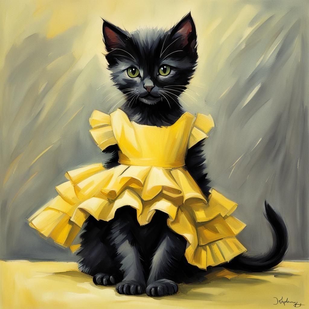 Black Kitten in Yellow Dress AI Art