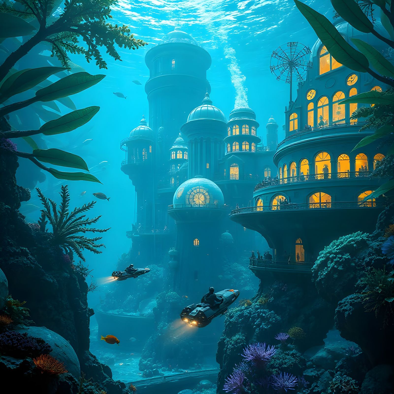 Bustling Bioluminescent Underwater City, Organic Futurism