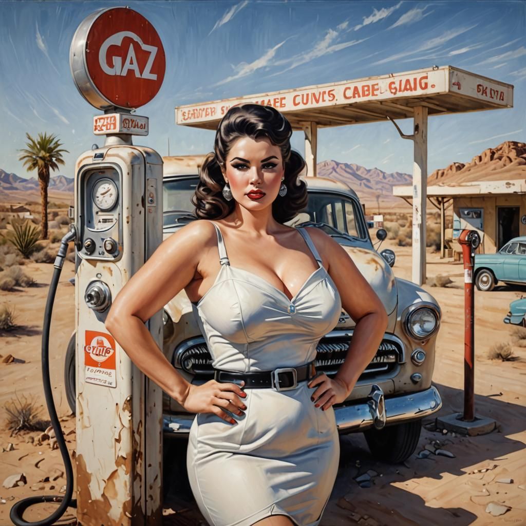 Glamorous Pinup at Desert Gas Station