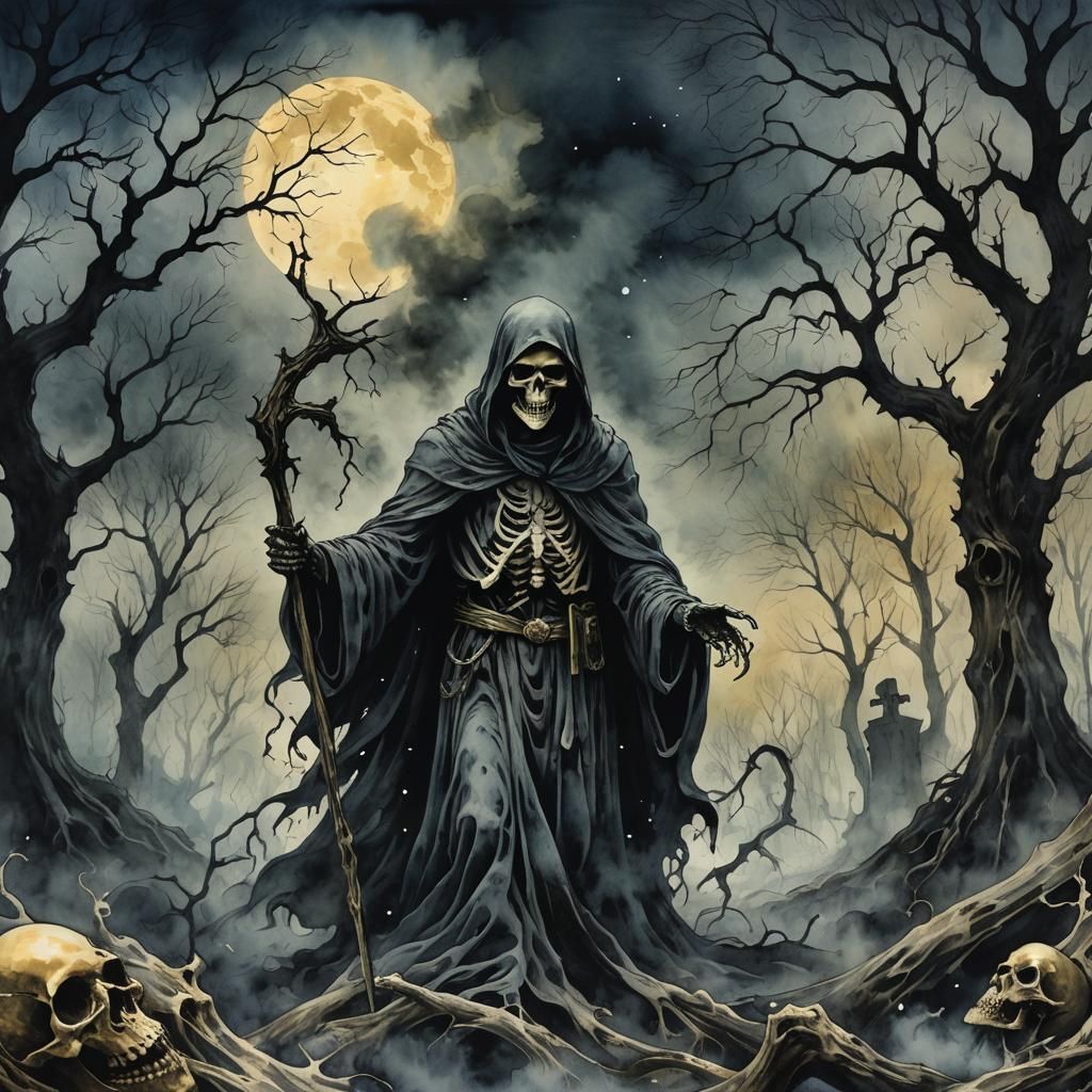 Smoky Grim Reaper in Surreal Watercolor Art