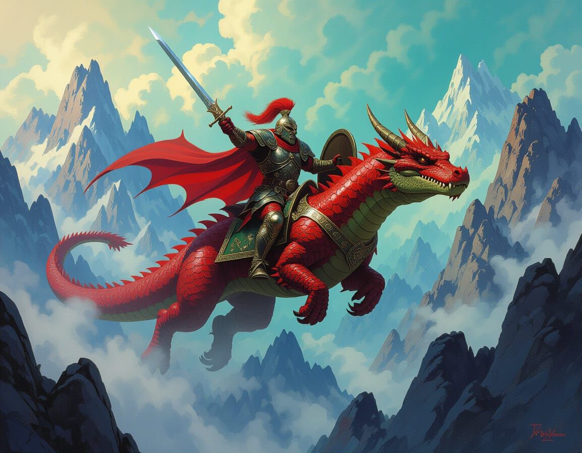 Crimson Dragon With Gator-Man Warrior Soars Through Mystic M...