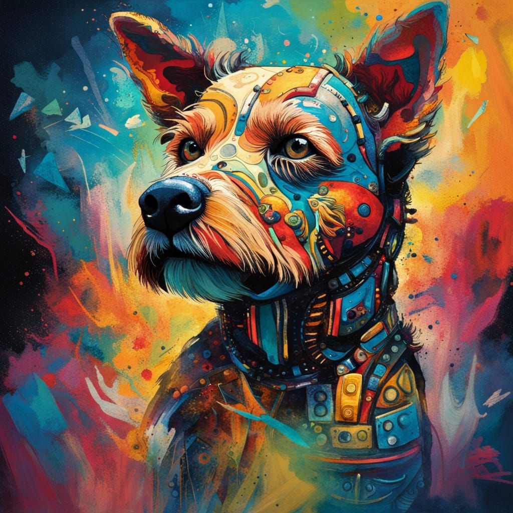 Robot Dog Art: Swirling Brushstrokes and Explosive Color