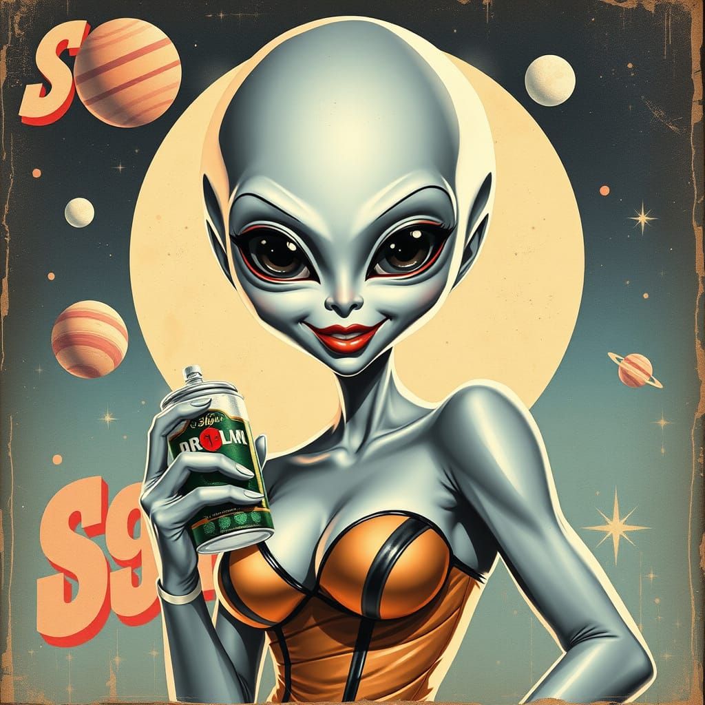 Retro Alien Soda Ad Pin-Up in 1950s Style