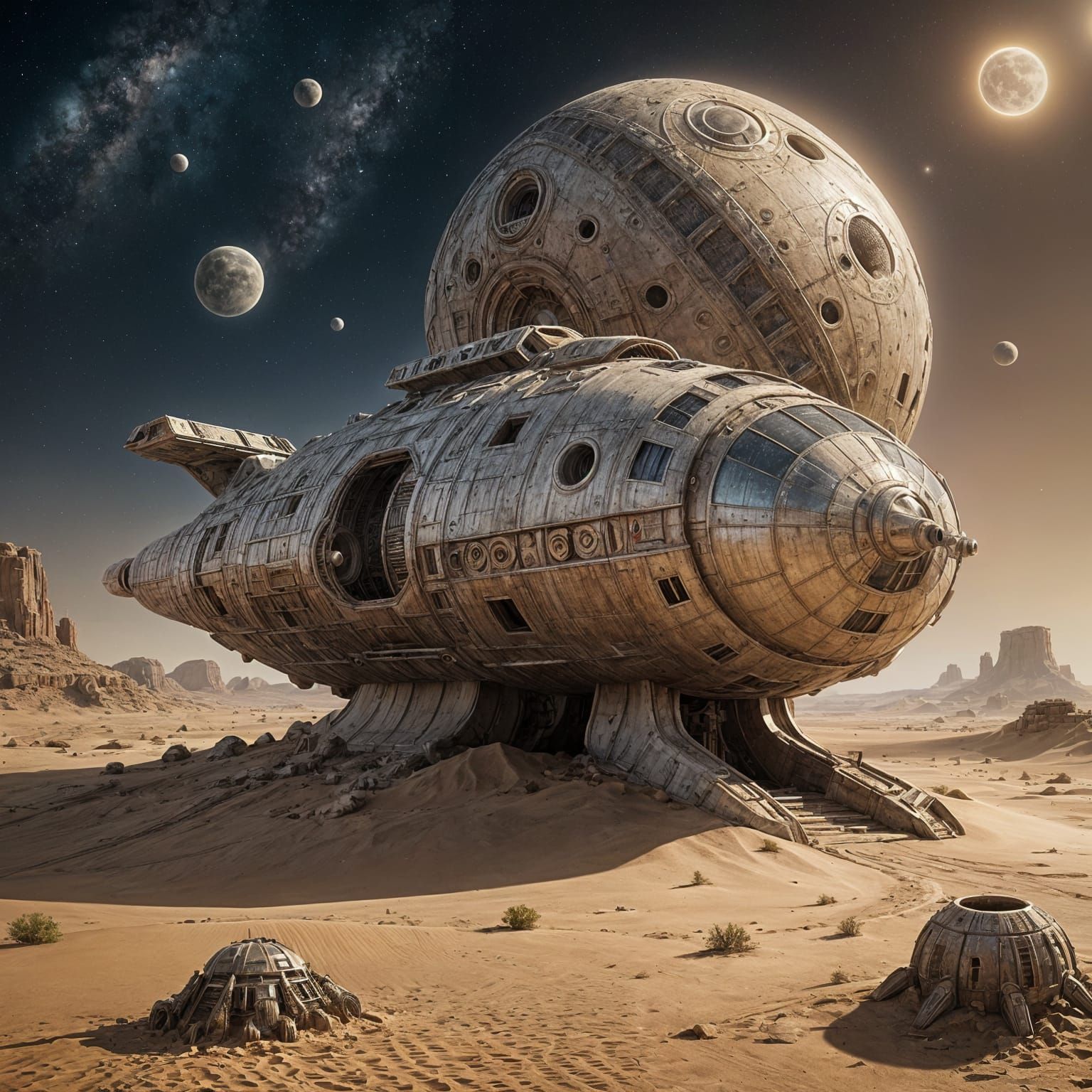 Abandoned Spaceship in Desert Under Two Moons
