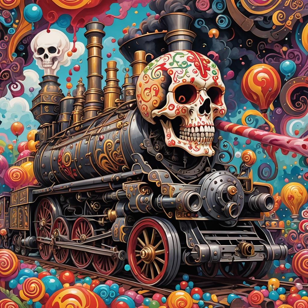 Skull Locomotive with Cannons in Gouache Style
