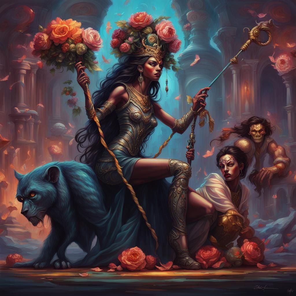 Dark Goddess with Worshippers: Hyperrealistic Splash Art