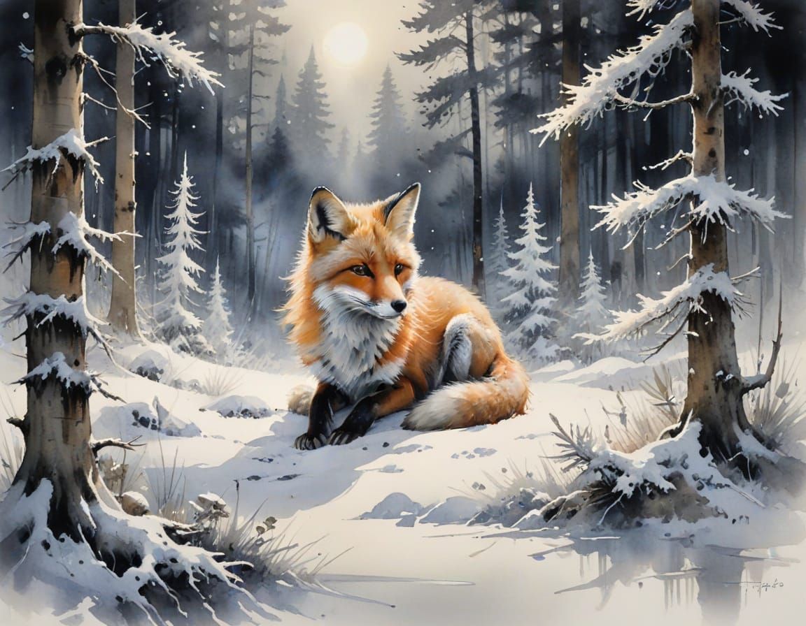 Fox Kit in Winter Twilight, Watercolor Art