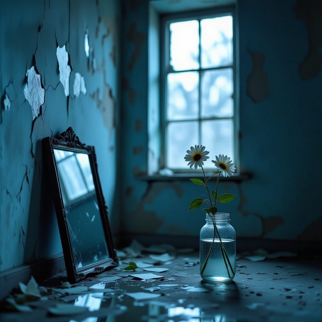 Deserted Room with Broken Mirror, in Photographic Style