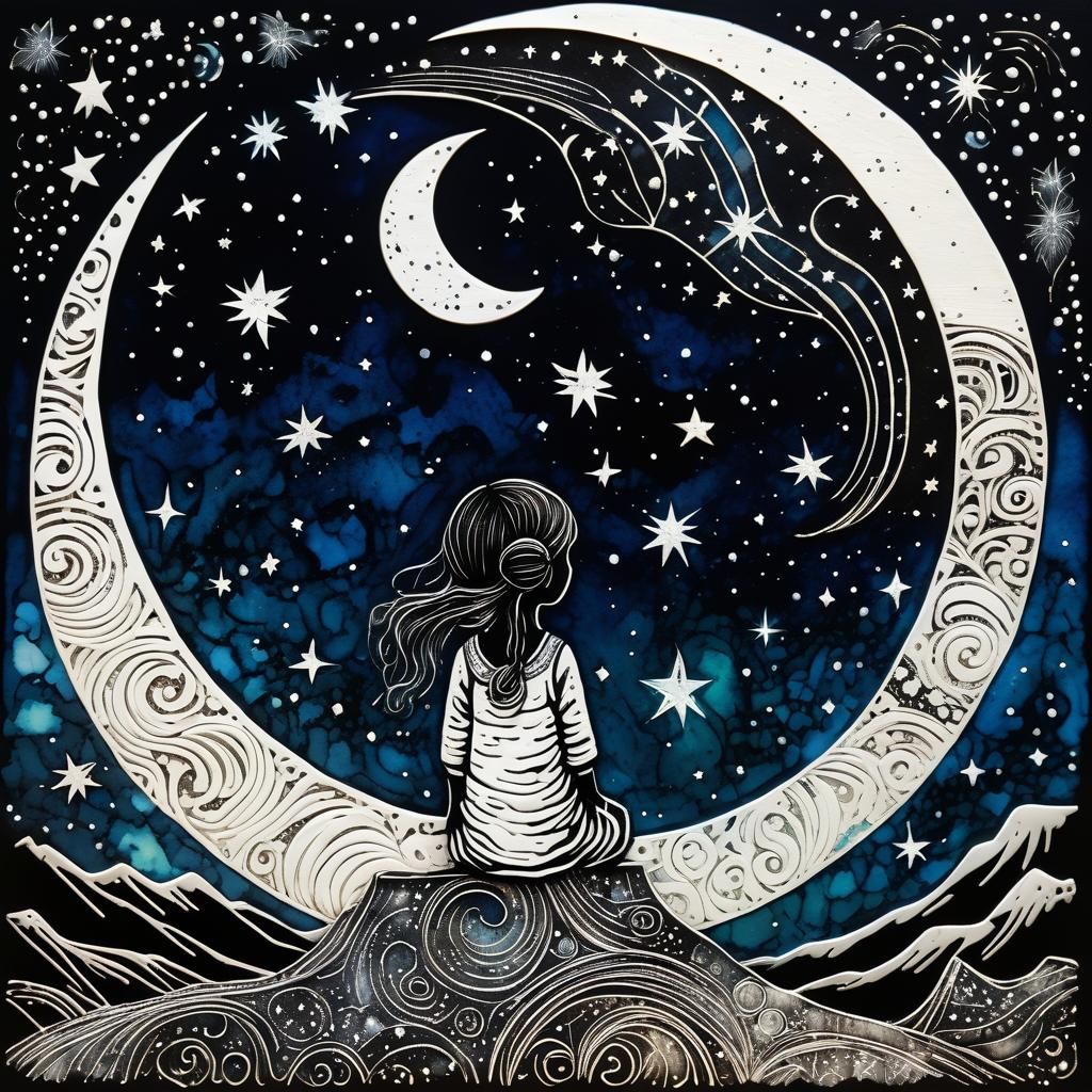 Goddess on Moon Gazing at Stars in Linocut Style