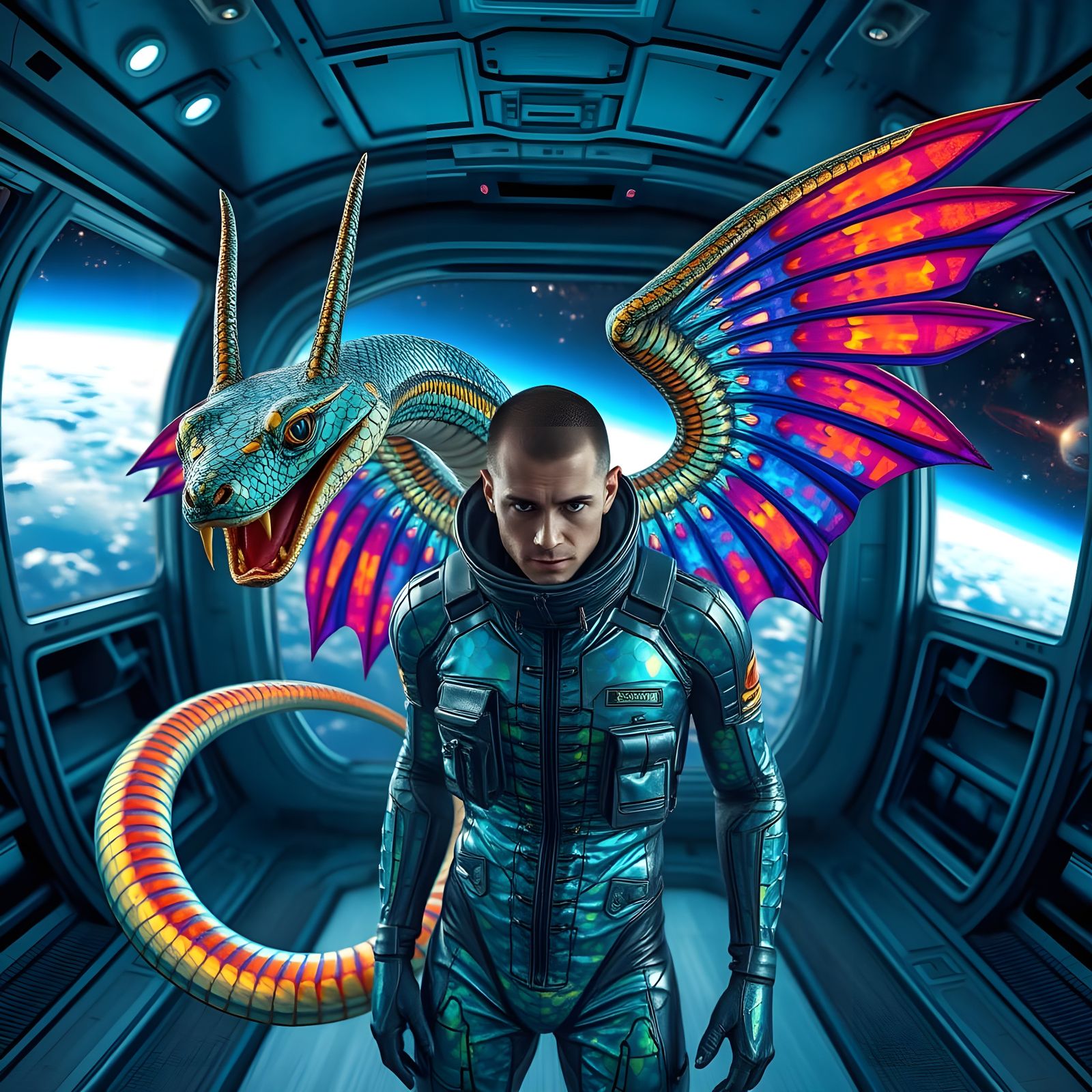 Serpentine Guardian Protects Human Ally in Futuristic Space ...