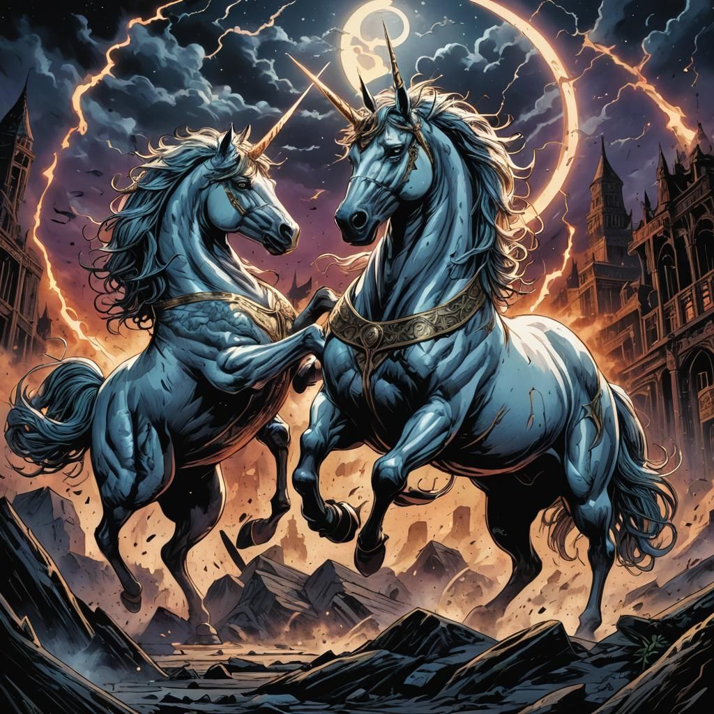 Unicorns Clash in a Dark Arena: Comic Book Art