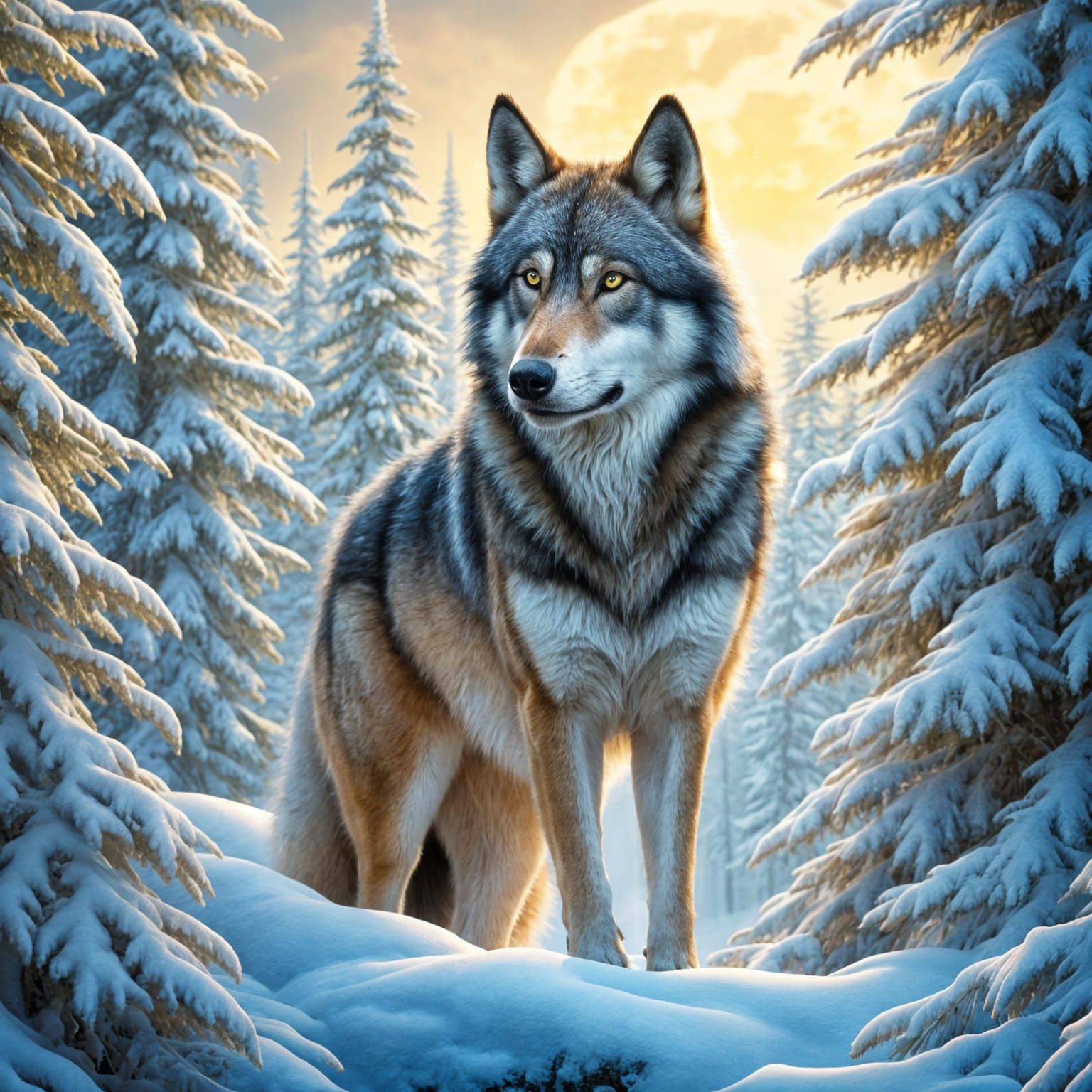 Wolf on Snowy Ridge in Hyperrealistic HDR Landscape