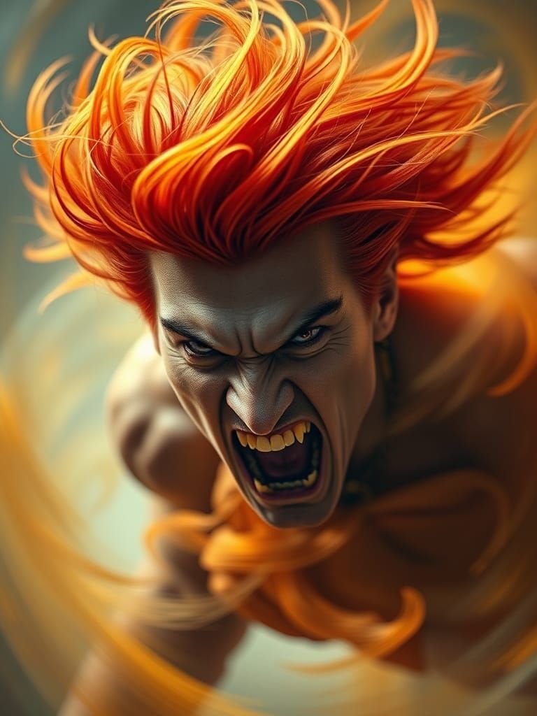 Intense Man with Fiery Hair in Abstract Swirl
