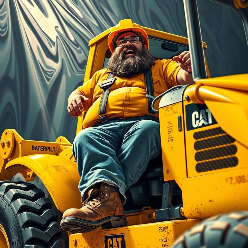 Psychedelic Construction Worker Driving a Backhoe