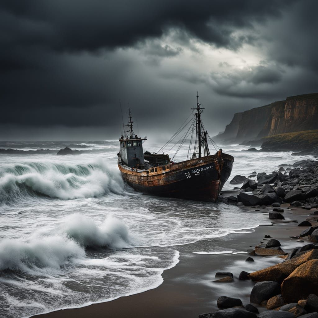 Surreal Stranded Boat on Rugged Coastline