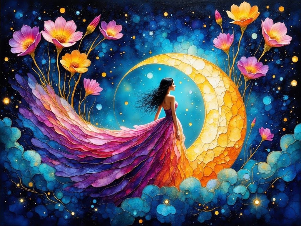 Surrealist Goddess Swaying from a Radiant Crescent Moon