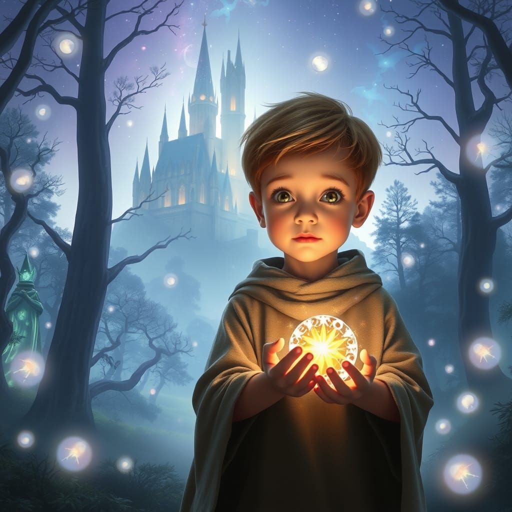 Young Boy in a Mystical Forest Scene, Inspired by Fantasy Ar...
