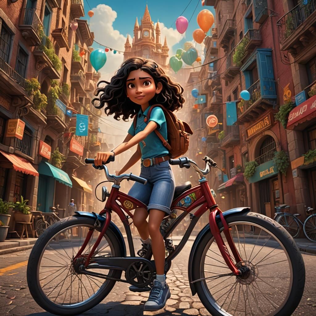 Hispanic Girl on Bike: Pixar-Style Animated Movie Poster