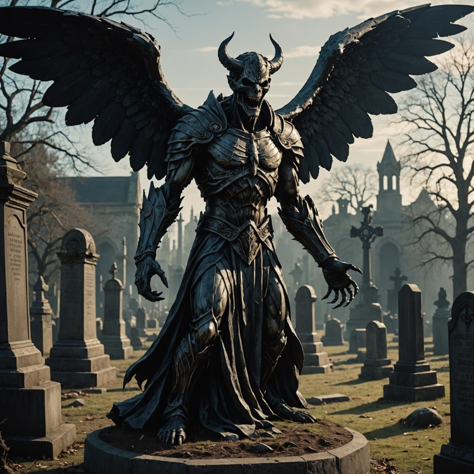 Haunting Angelic Statue in a Dimly Lit Graveyard Scene