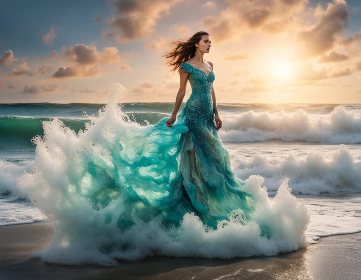 SEA FOAM - A beautiful lady adorned in a dress crafted from the vibrant colors of the sea