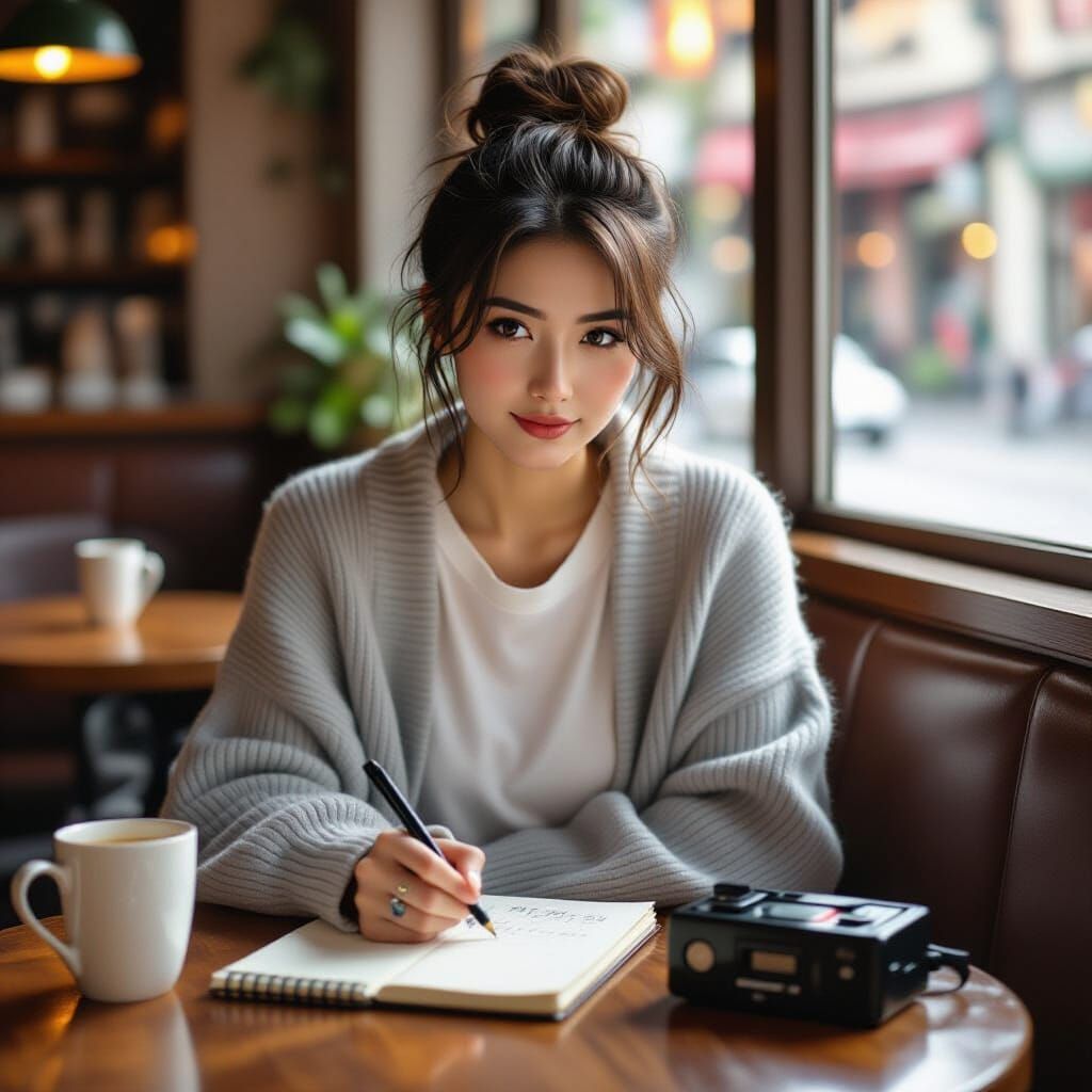 Asian Woman in Cozy Cafe, Retro Futurism Style