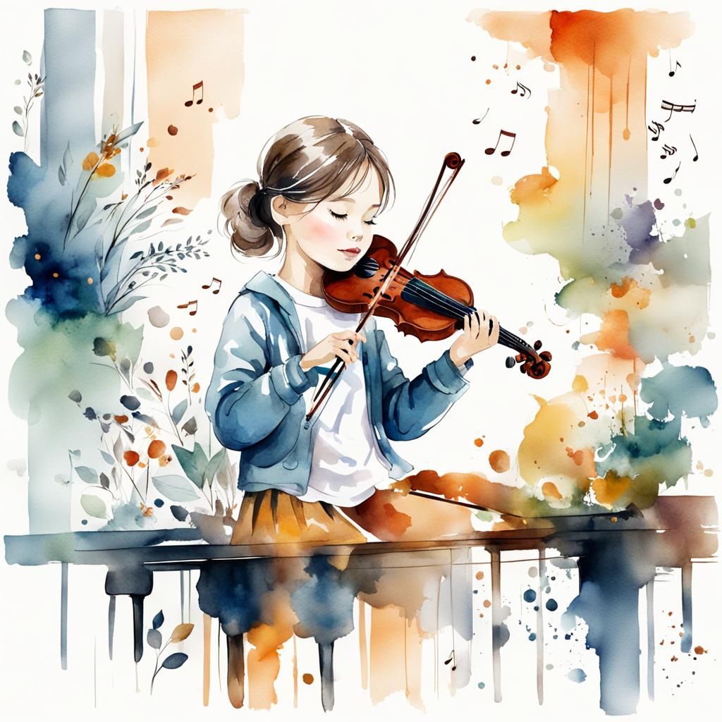 Cute Girl Plays Violin: Watercolor Sketch Illustration