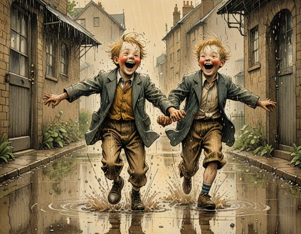 Boys Play in Summer Rain, Ronald Searle Style