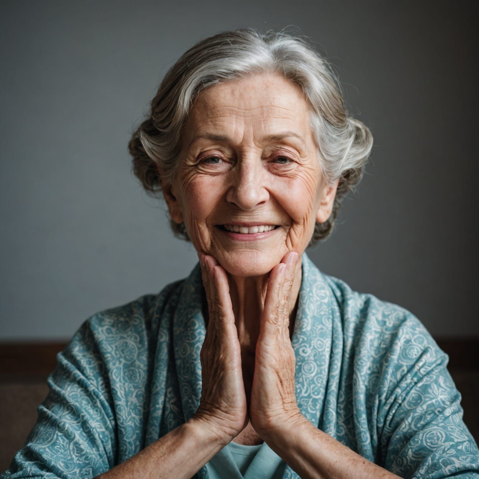 Elderly Woman Meditating with Joyful Expression