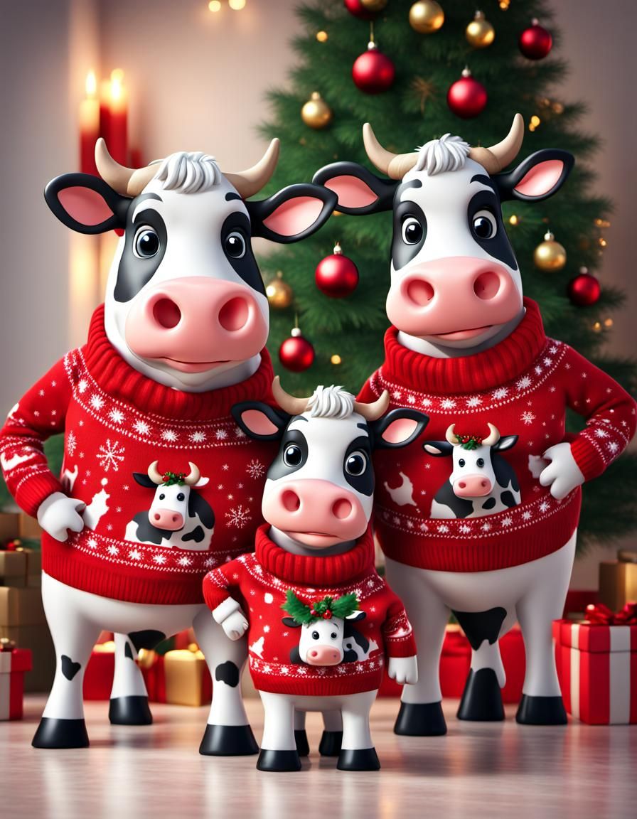 Cartoon Cow Family Christmas CGI