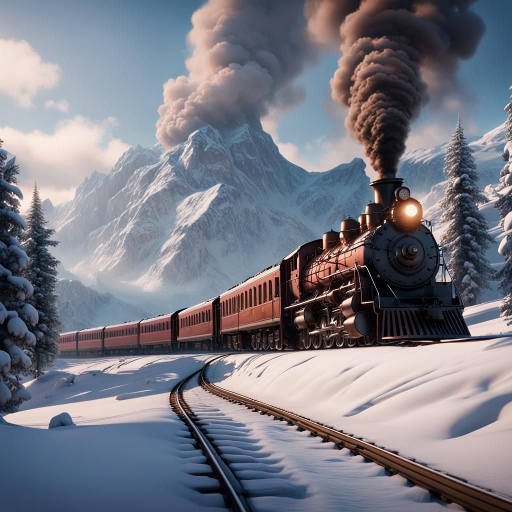 Snowy Mountain Train in Detailed Matte Painting