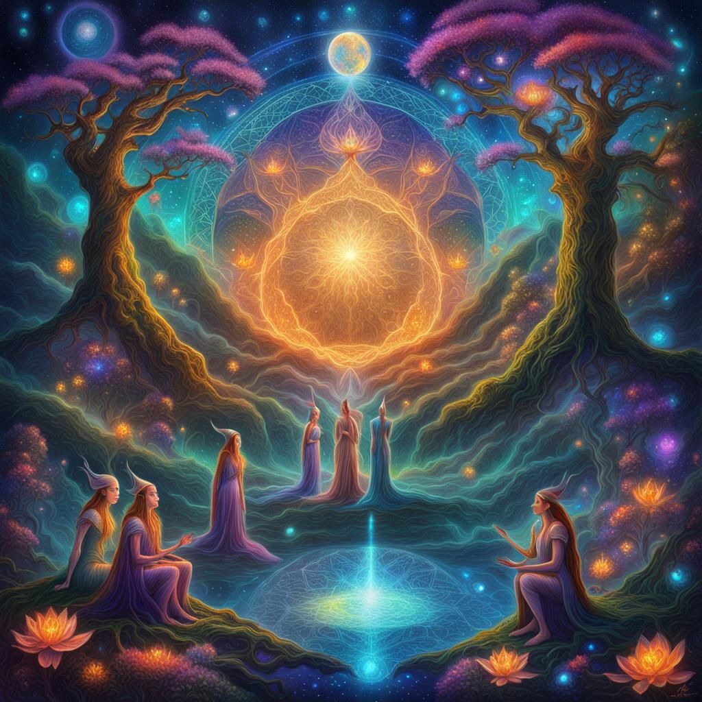 Elves and Fae Meeting in Dreamtime Astral Illustration