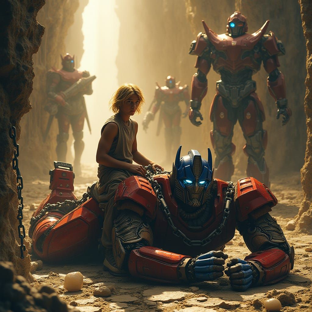 Helpless Optimus Prime with Protector, in Sci-Fi Style