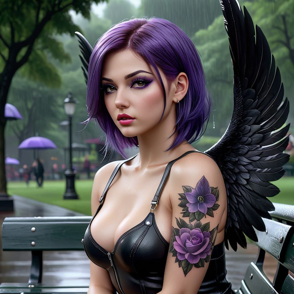 Dark Angel Sits Serenely in Rainy Park