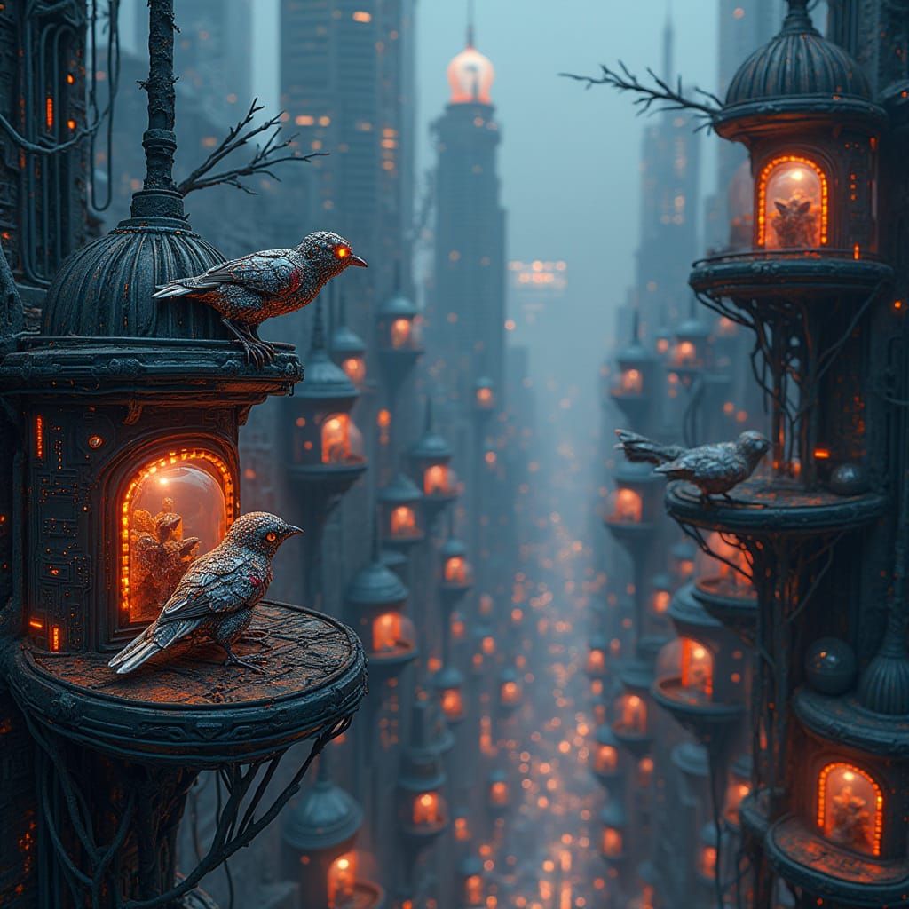 Cyberpunk Robotic Birds in Futuristic Cityscape